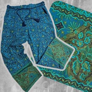 Sundance Vibrant Reef Pants teal floral leaf boho hippie yoga Gypsy 100% cotton